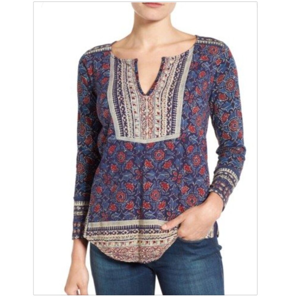 Lucky Brand Woodblock Floral Top Print Peasant Tee Henley 3/4 Sleeve Sz XS Blue